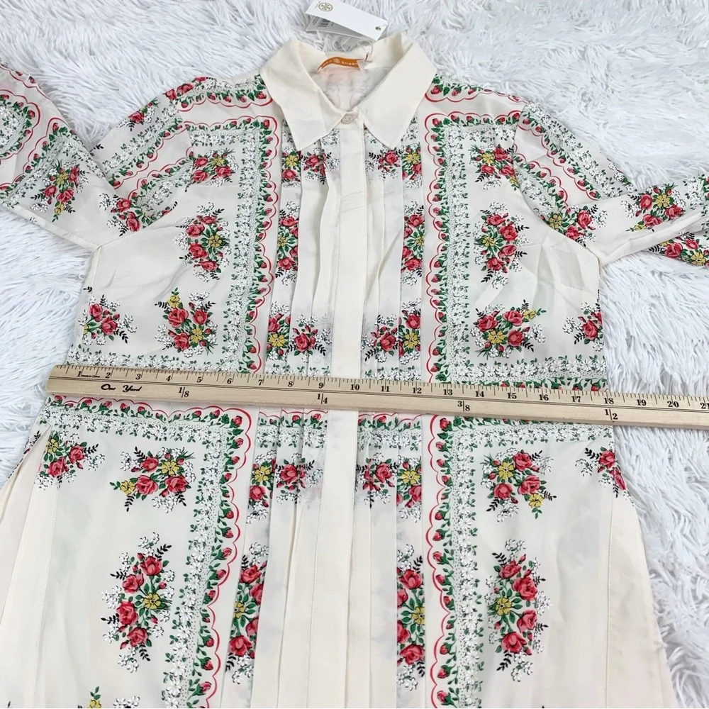 Tory Burch long sleeve‎ pleated garden veil floral silk shirt dress in cream